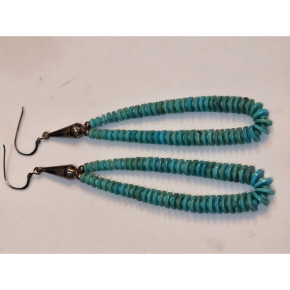 Sterling Heshi Turquoise Beaded 925 Silver Hook Earrings Huge Statement - Picture 7 of 11